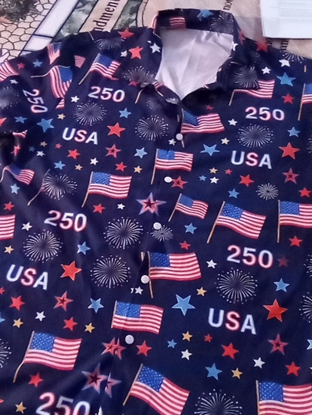 Active USA Patriotic Navy Button-Down Shirt with American Flag Print